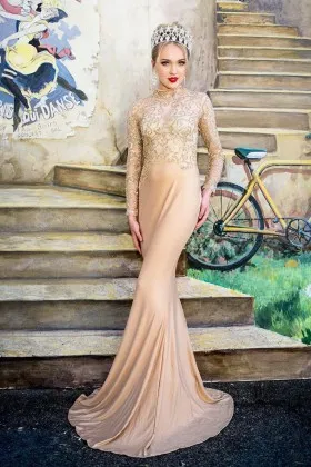 Glittering high neckline long sleeve mermaid champagne pageant prom dress