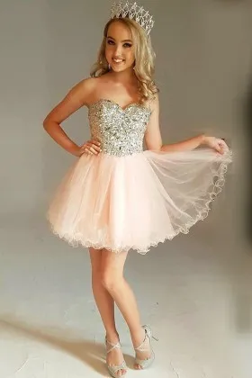 sparkling crystals beaded strapless sweetheart short blush tulle cocktail party dress