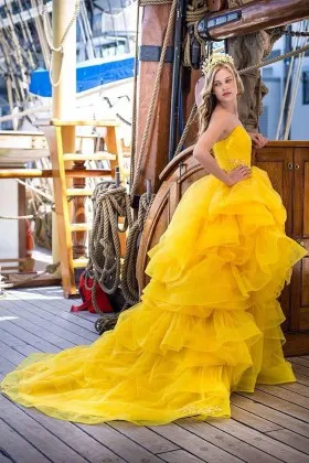 yellow tiered flounced organza strapless sweetheart beaded ball gown prom dress