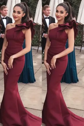 floor length flounced one shoulder burgundy satin prom dress with sweep train