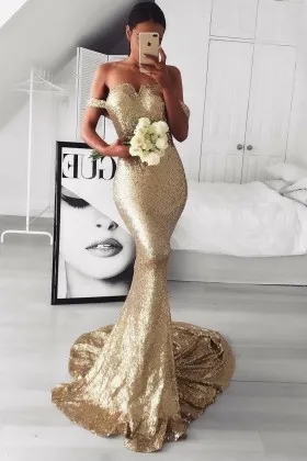 dazzling gold sequin off the shoulder long mermaid prom dress
