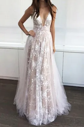 blossom plunging champagne floor length A line prom dress with white tulle overlay