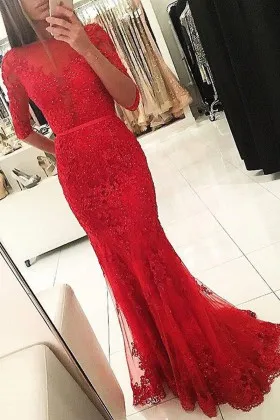 beaded red lace appliqued tulle elbow length sleeve mermaid long prom dress
