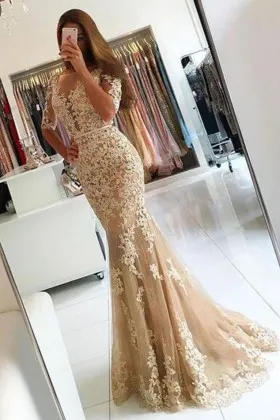 delicate lace appliqued champagne tulle half sleeve mermaid long prom dress