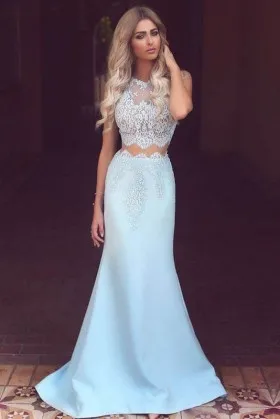 trendy two piece sky blue lace and satin scalloped illusion mermaid prom dress
