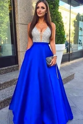 sparkling beaded sleeveless royal blue plunging V neckline satin A line prom dress