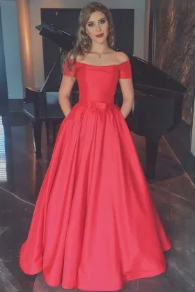 graceful off the shoulder sleek red satin floor length prom dress with pockets
