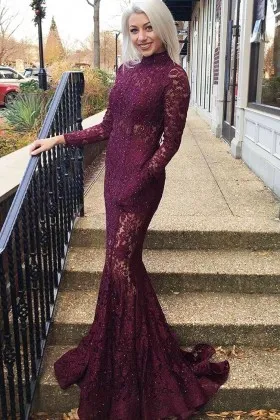 plum lace high neckline long sleeve pearled vintage fit and flare long prom dress