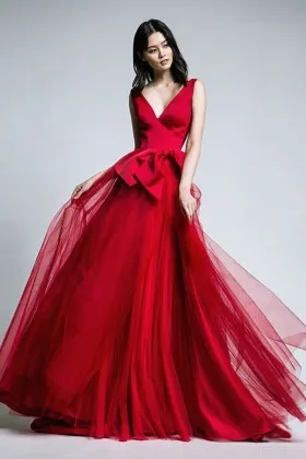 unique and modern red satin and tulle deep V neckline bow decorated prom dress