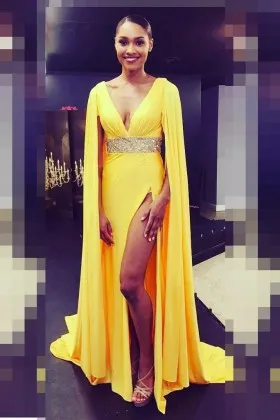 daffodil yellow chiffon beaded plunging thigh high slit grand cape prom dress