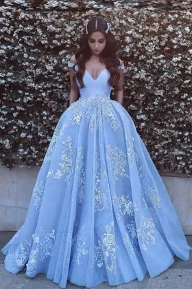 floral lace appliqued sky blue off the shoulder princess prom ball gown