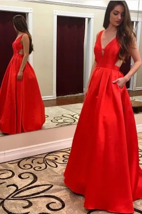 modern floor length red satin V neckline side cutout prom dress with pockets