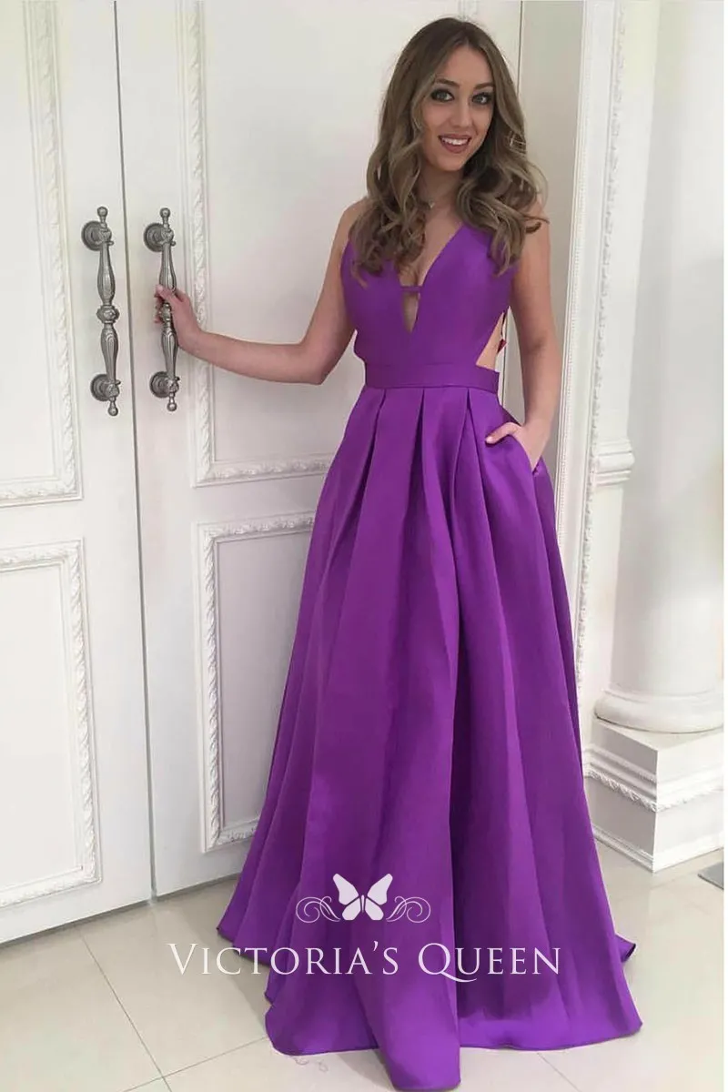 purple satin V neckline side cutout prom dress with pockets purple satin V neckline side cutout prom dress with pockets