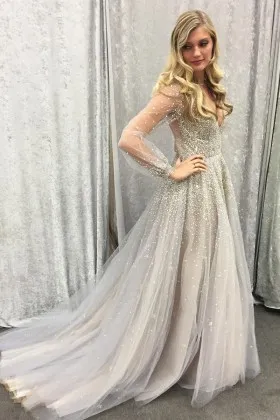 sparkling beading champagne tulle sheer long sleeve plunging V neckline prom dress
