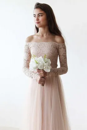 Elegant feminine blossom lace tulle champagne off shoulder bridal evening dress