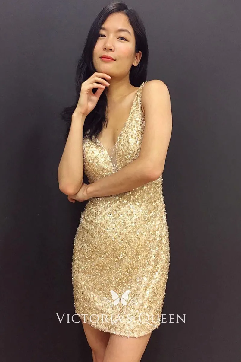 glistening beaded bodycon deep V neckline short cocktail prom dress