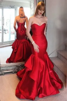 classic lustrous red satin strapless sweetheart mermaid layered prom dress