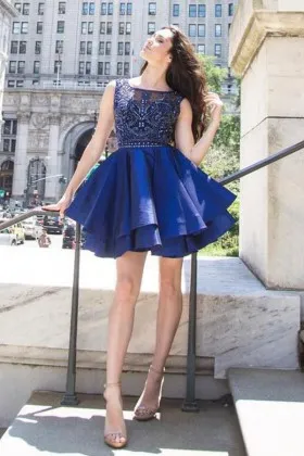 sleeveless illusion dazzling beaded blue cocktail dress