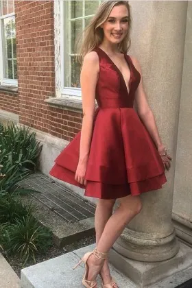 alluring plunging V neckline burgundy satin sleeveless cocktail dress