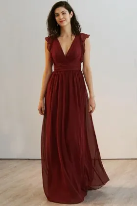 elegant burgundy chiffon ruffled cap sleeves V neck A line long prom dress