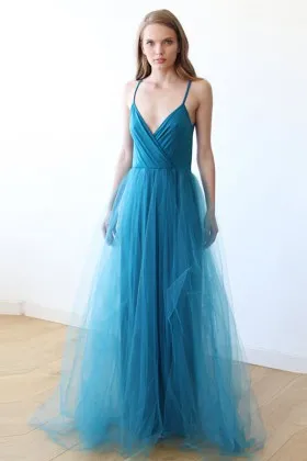 turquoise jersey bodice and tulle skirt V neckline spaghetti strap prom dress