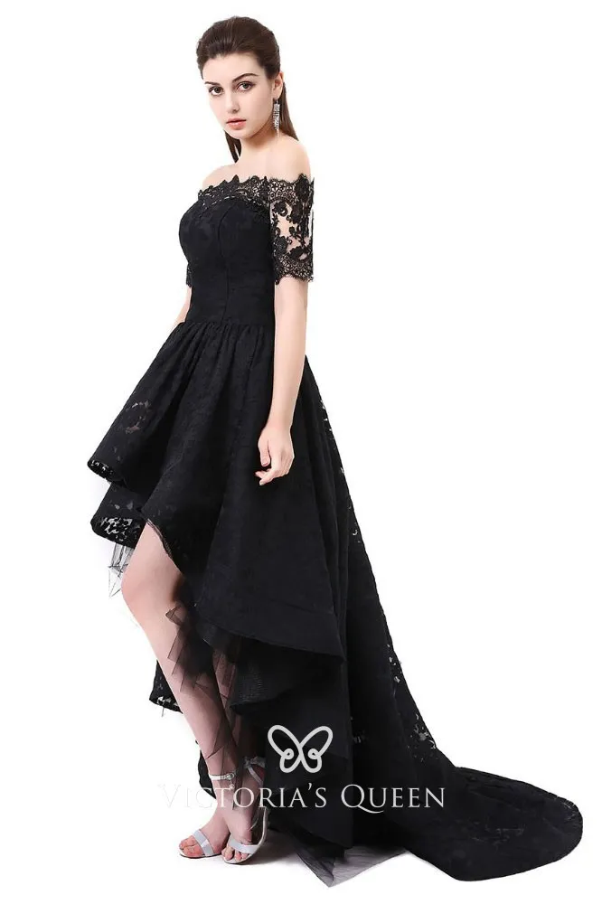 black lace off the shoulder high low chapel train modern prom dress black lace off the shoulder high low chapel train modern prom dress