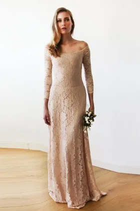 feminine off the shoulder blush lace vintage three quarters sleeve evening dress