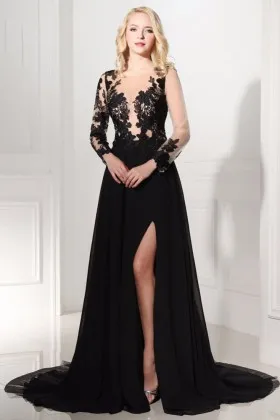black lace appliques sheer long sleeve thigh high slit chiffon evening prom dress