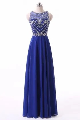 sparkling beaded illusion neckline royal blue chiffon A line long prom dress