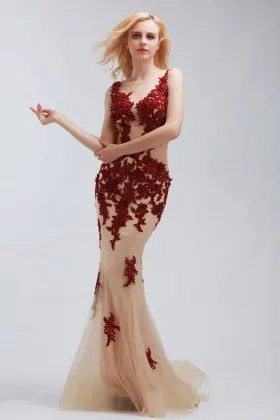 ruby lace appliqued champagne tulle mermaid illusion prom dress