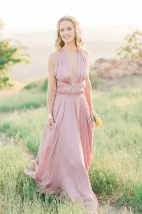 sweet pearl pink chiffon plunging A line long engagement bridesmaid dress