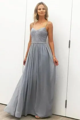 modest sleeveless spaghetti strap slate blue chiffon A line long bridesmaid dress
