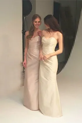 simple nude satin strapless sweetheart fit and flare long prom dress