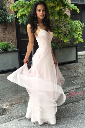 sequined sleeveless V neckline spaghetti strap light pink tulle prom dress