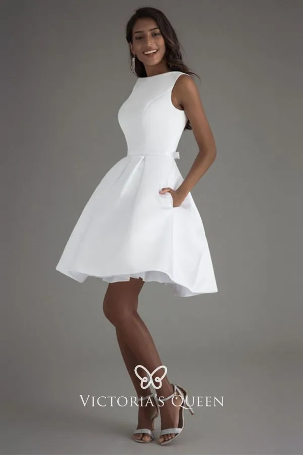 Modest Sleeveless Bateau Neckline White Satin Short Cocktail Dress with