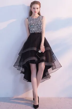 high low crystals jewel neckline black tulle cocktail dress