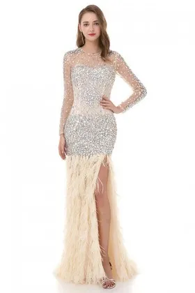 gorgeous crystals sheer champagne long sleeve feather mermaid evening prom dress