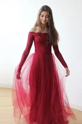 modest long sleeve off the shoulder red lace and tulle A line prom dress