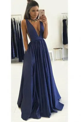 sleeveless plunging V neckline navy satin sexy formal prom dress with pockets
