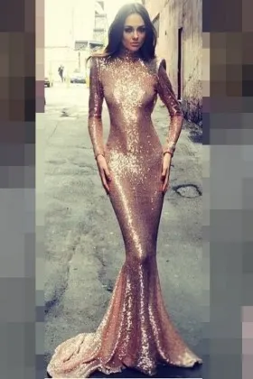 unique rose gold sequin long sleeve high neck mermaid prom dress