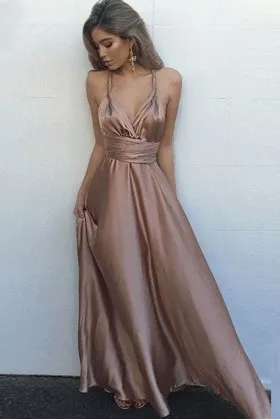 halter deep V neckline empire waist sleeveless A line mauve satin prom dress