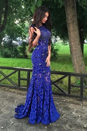luxury bead embellished illusion royal blue lace mermaid prom dress