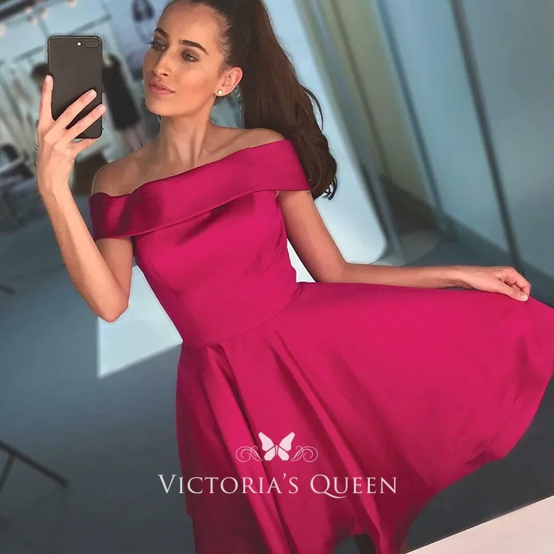 short fuchsia satin off the shoulder cocktail dress short fuchsia satin off the shoulder cocktail dress