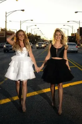 scoop neckline white black layered satin and tulle sleeveless cocktail dress