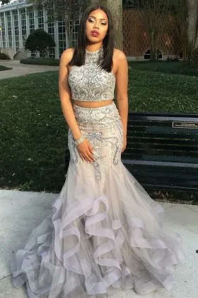 sparkling beading two piece high collar mermaid flounced tulle