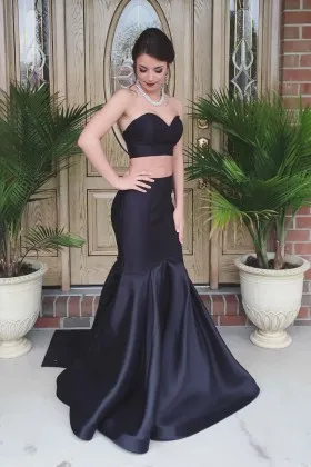 modern two piece sweetheart black satin mermaid dropped waist prom dress