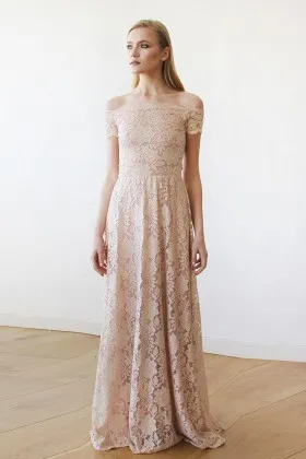 elegant blush lace off the shoulder vintage floor length bridesmaid dress