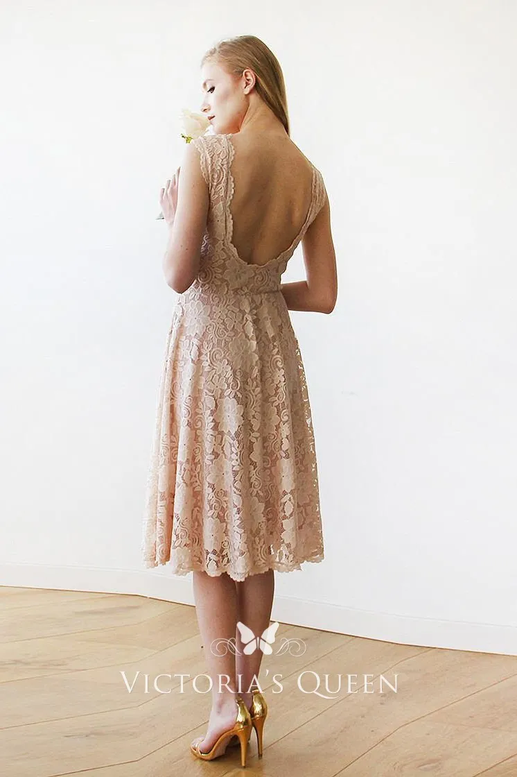 vintage knee length blush lace scalloped short bridesmaid dress