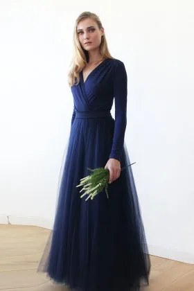 Modest timeless V neckline navy jersey and tulle long sleeve evening dress