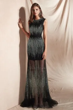 trending sliver beads stripes sheer black tulle prom dress